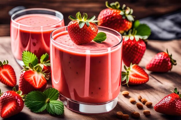 Foto un frullato di fragole con scaglie di cioccolato e scaglie di cioccolato su un tavolo di legno.