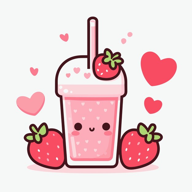 Strawberry smoothie with hearts Cute cartoon character kawaii Vector illustration icon