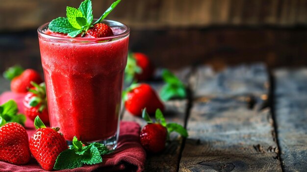 Strawberry Smoothie with Mint on Rustic Background