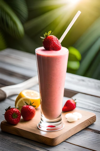 A strawberry smoothie with a straw on top