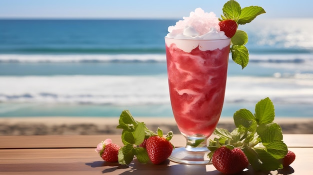 Strawberry smoothie with whipped cream and mint on the beach