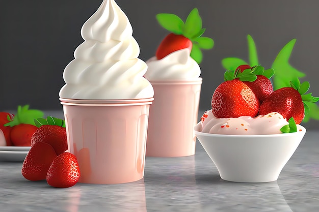 Strawberry soft serve ice cream realistic soft serve with float\
sauce and delicious fruits