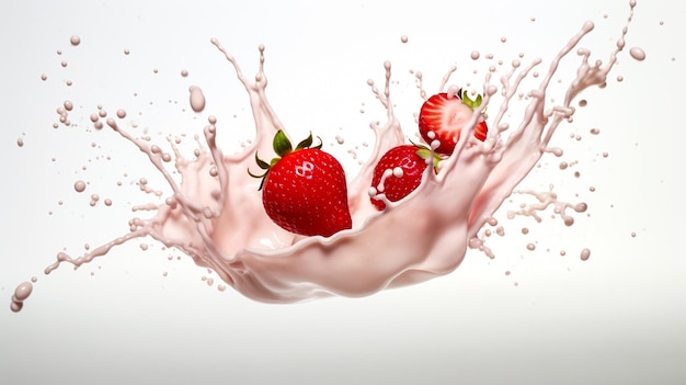 strawberry splash in milk on white background generative ai