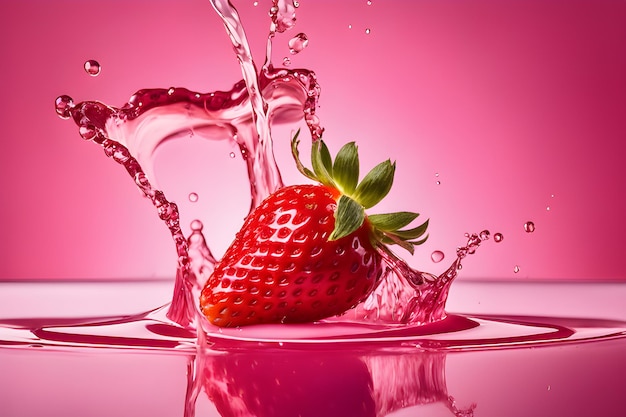 핑크 우유 물에 딸기 스플래시