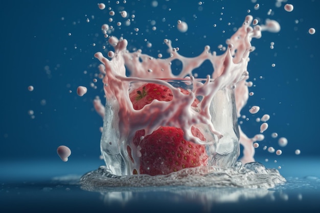 A strawberry splashes into a glass of water.
