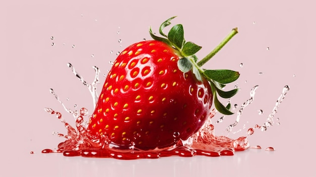 A strawberry splashes into a pink background.