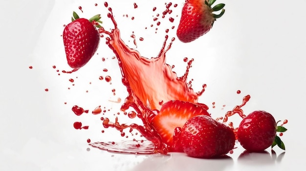 딸기가 붉은 액체에 튀었습니다.
