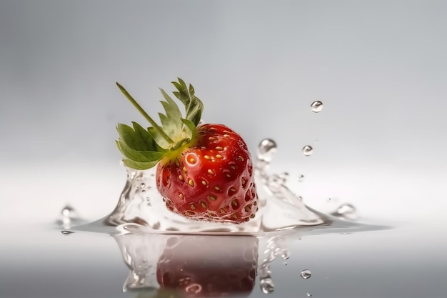 A strawberry splashes into a water splash.