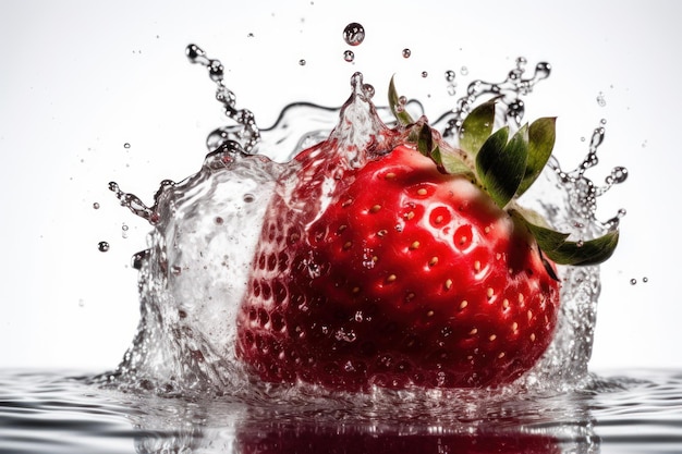 A strawberry splashes into water with a splash of water.