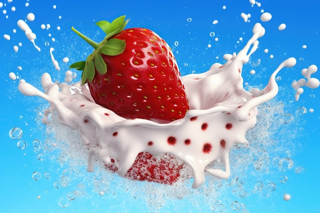 A strawberry splashing in a bowl of milk