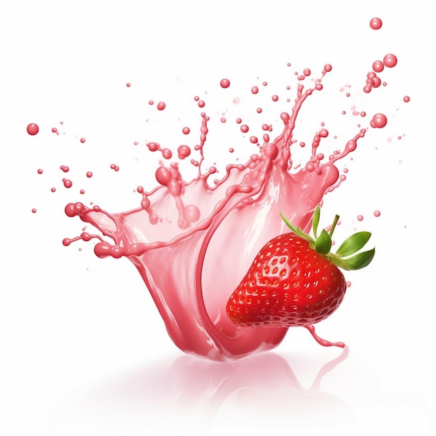 A strawberry splashing into a pink splash of milk white backgound
