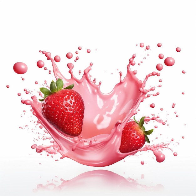 A strawberry splashing into a pink splash of milk