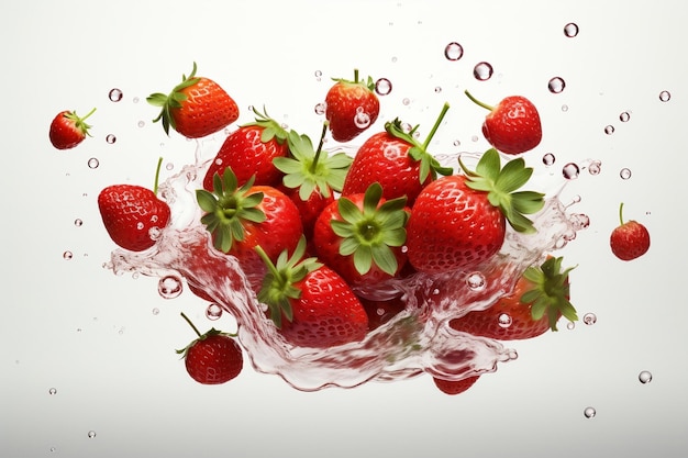 Strawberry splashing in splash of water levitating on white background