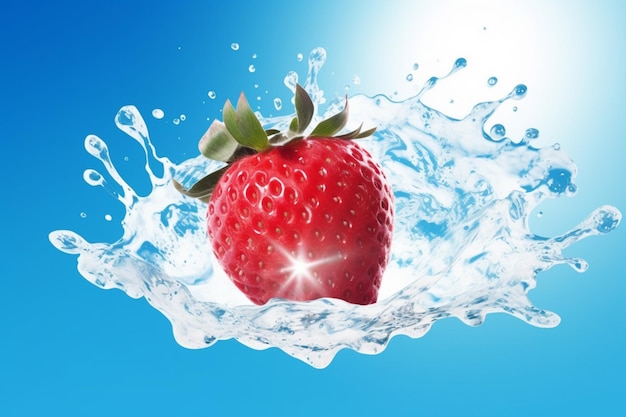 A strawberry splashing in water with a blue background
