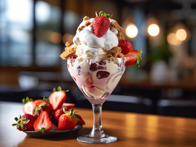 Strawberry sundae with strawberries on top sits on a wooden table