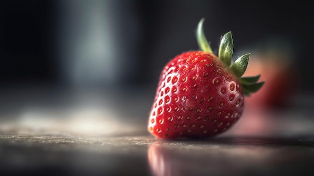 A strawberry on a table with a dark background