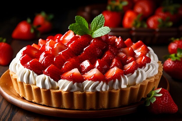 Strawberry tart with whipped cream and fresh strawberries