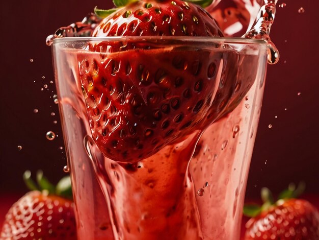 a strawberry that is in a glass with water and strawberries