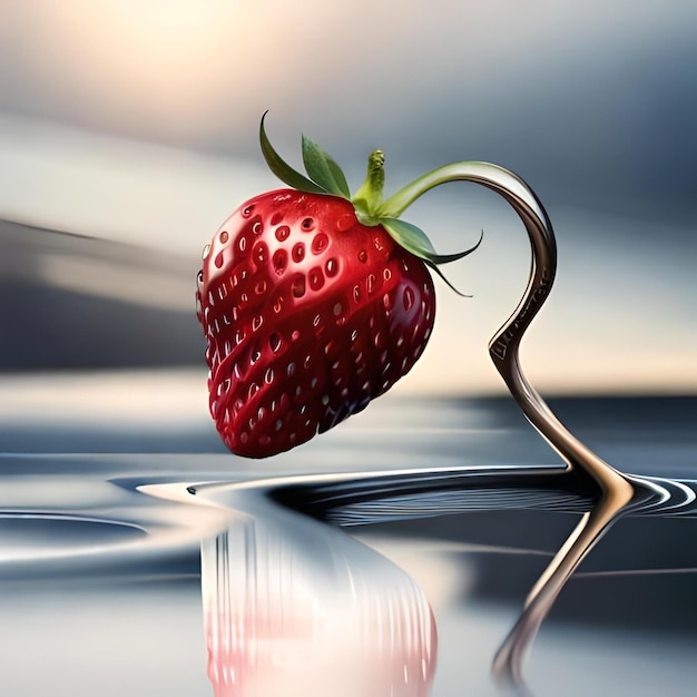 A strawberry that is sitting in the water