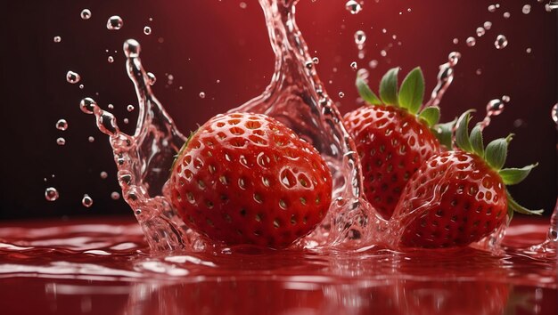 a strawberry that is in water with water drops