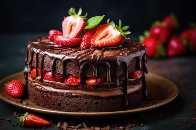 Strawberry topped chocolate cake on a gray table incredibly tasty