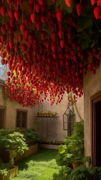 A strawberry tree hangs from the ceiling of a house