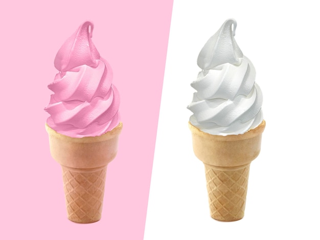 白とピンクの背景にコーンのストロベリー バニラ アイス クリーム