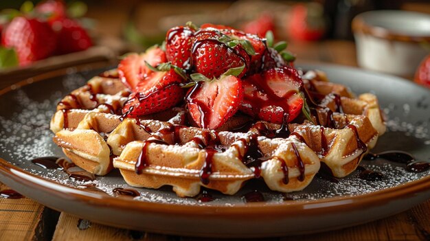 Photo strawberry waffles on plate