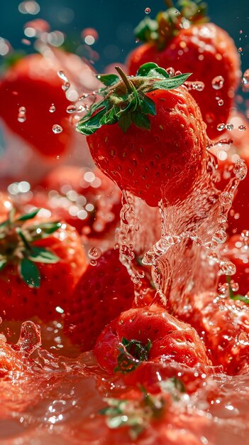 Strawberry water poster splash of water Solid color background AI generated