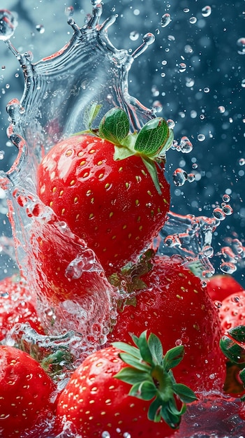 Strawberry water poster splash of water Solid color background AI generated