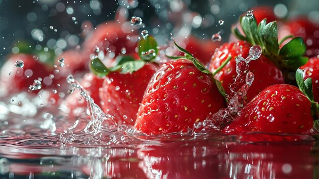 Foto poster di acqua di fragole spruzzo d'acqua sfondo di colore solido ai generato