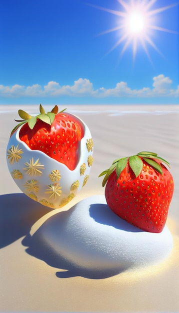 A strawberry and a white egg with a green leaf on it