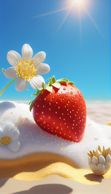 A strawberry and white flowers on a beach