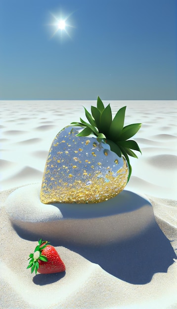 A strawberry on a white stone in the desert