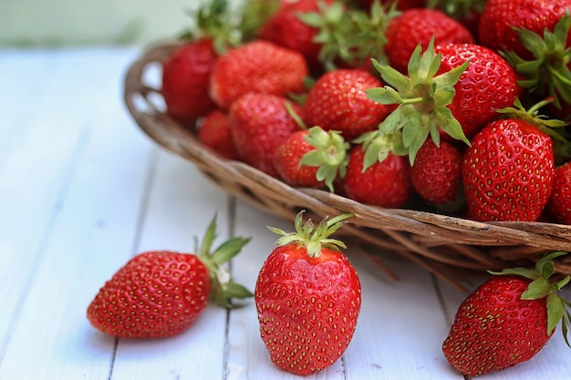 Strawberry on wicker bag outdoor