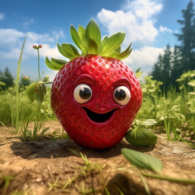 A strawberry with eyes and a smile on it