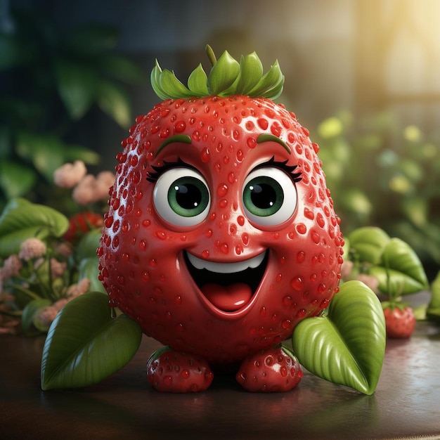 A strawberry with green eyes and green eyes sits on a table.