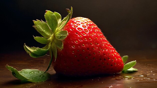 A strawberry with a green leaf on it