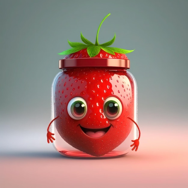 A strawberry with a green leaf on its head is standing on a pink background.