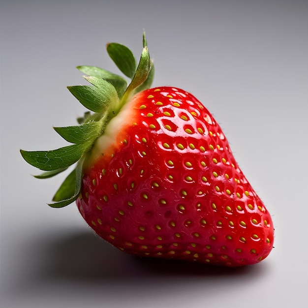 A strawberry with a green leaf on the top.