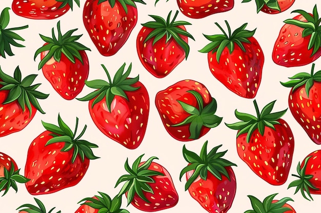 a strawberry with green leaves and a background with a pattern of strawberries