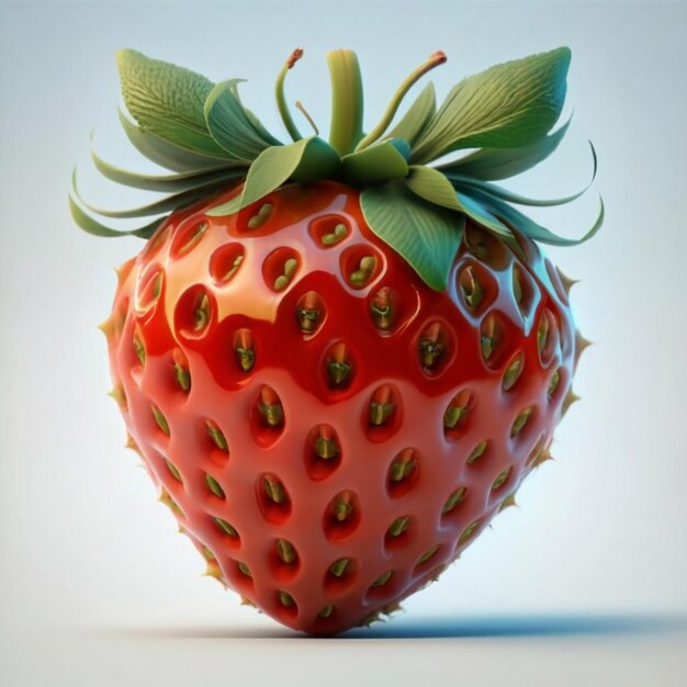 a strawberry with green leaves on it is shown with a green ribbon around the top