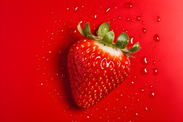 A strawberry with green leaves on a red background