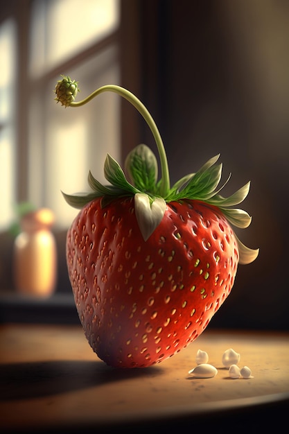 a strawberry with a green stem and a small white object in the background