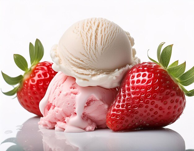 strawberry with ice cream and chocolate powder on a white background