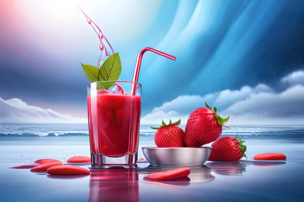 Strawberry with liquid and refreshing juice