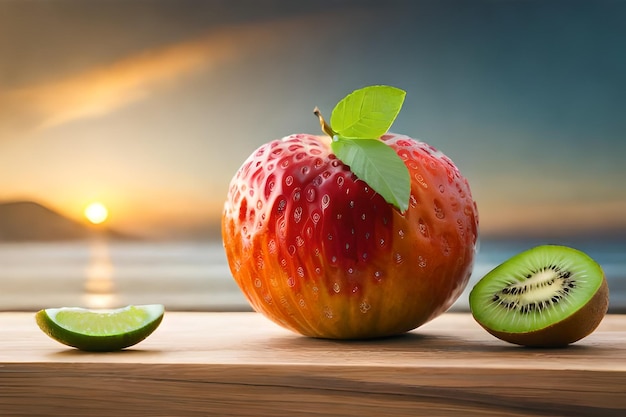 a strawberry with a slice of kiwi on the background of the sun