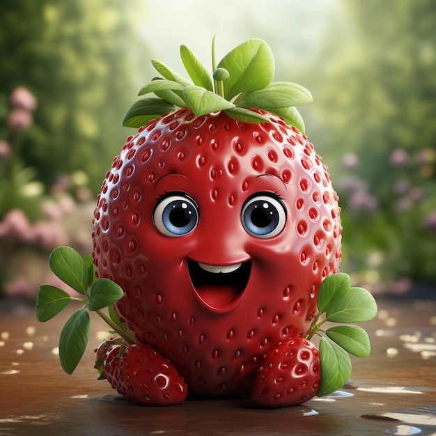 A strawberry with a smile on it and the words happy birthday.