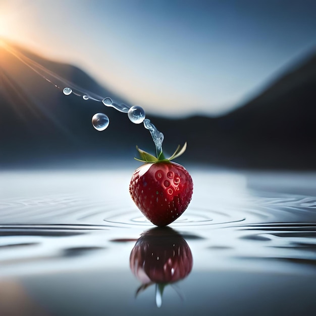 背景に水滴のあるイチゴとその後ろに太陽。