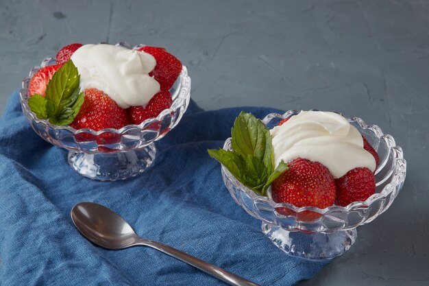 Strawberry with whipped cream, vegetarian food